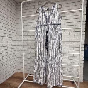 La Plage Blue White Boho Print Sleeveless Tassel Tie Maxi Dress Size S